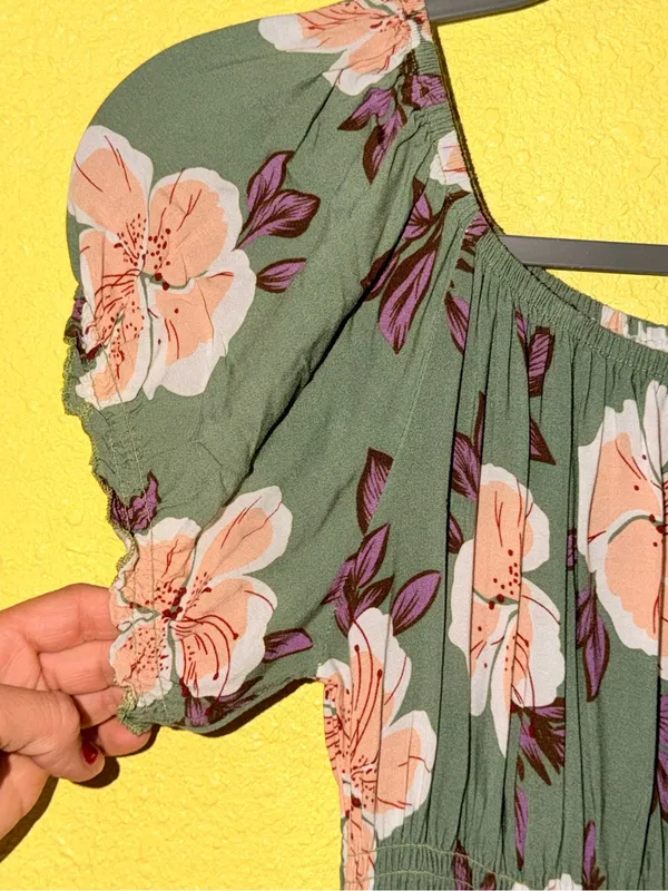 Olive Green Floral Maxi Dress with Puff Sleeves - Image 8