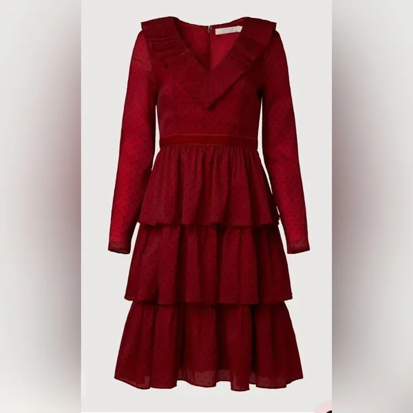 Rachel parcell Women's Red‎ Black Polka Dot Long Sleeve Tiered Ruffle Dress 8 - Image 5