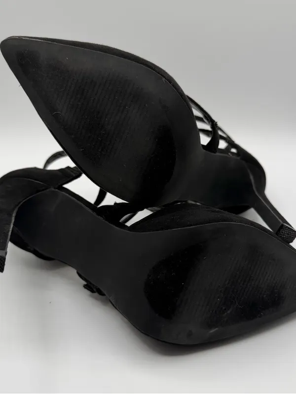 JustFab Kamryn Heels 7.5 Black Strappy Pointed Toe Stiletto Buckle Goth - Image 6