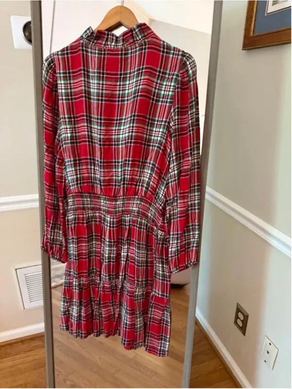 Women's Crown & Ivy Red Green Plaid Long Sleeve Dress L - Image 4