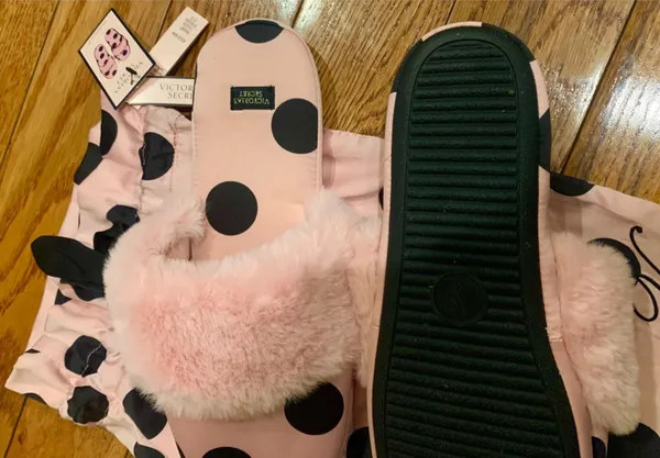 Victoria's Secret Signature Satin Slippers Pink/Black Polka Dot /Faux Fur M7/8 - Image 7