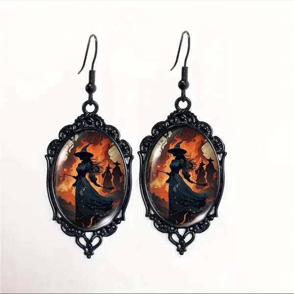 Vintage Style Witch-Themed‎ Black Lace Drop Earrings with Glass Accents - Image 6