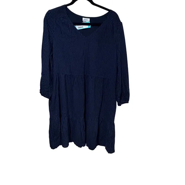 Market & Spruce Navy Striped Tiered V-Neck Mini Dress 3/4 Sleeve Large L - Image 2