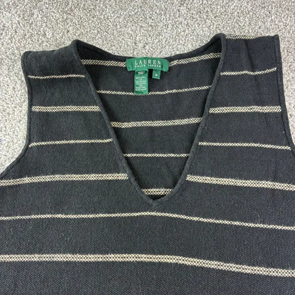 Lauren Ralph Lauren‎ Womens Black Beige Striped Linen Blend V-Neck Shift Dress M - Image 2