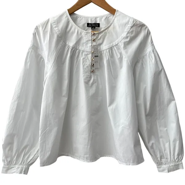J.Crew Shirred Popover Top in Cotton Poplin Bright Gold Buttons White Size XS - Image 2