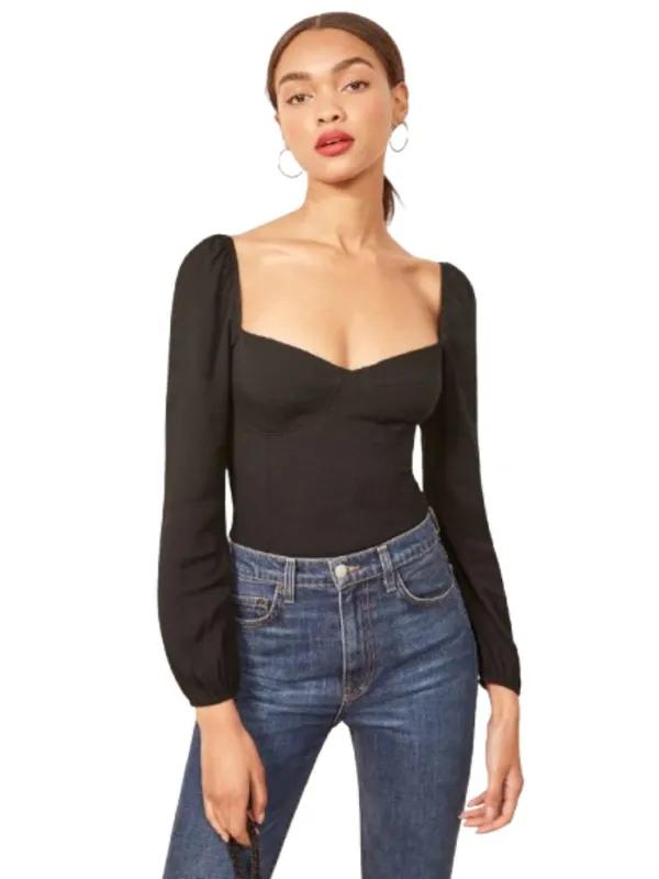 Reformation Women's Reign Sweetheart Neckline Long Sleeve Top Size 4 Black - Image 13