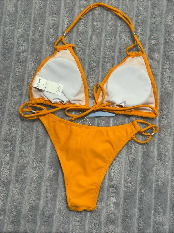 Women's Orange Triangle Bikini Set with Adjustable Ties - Image 2