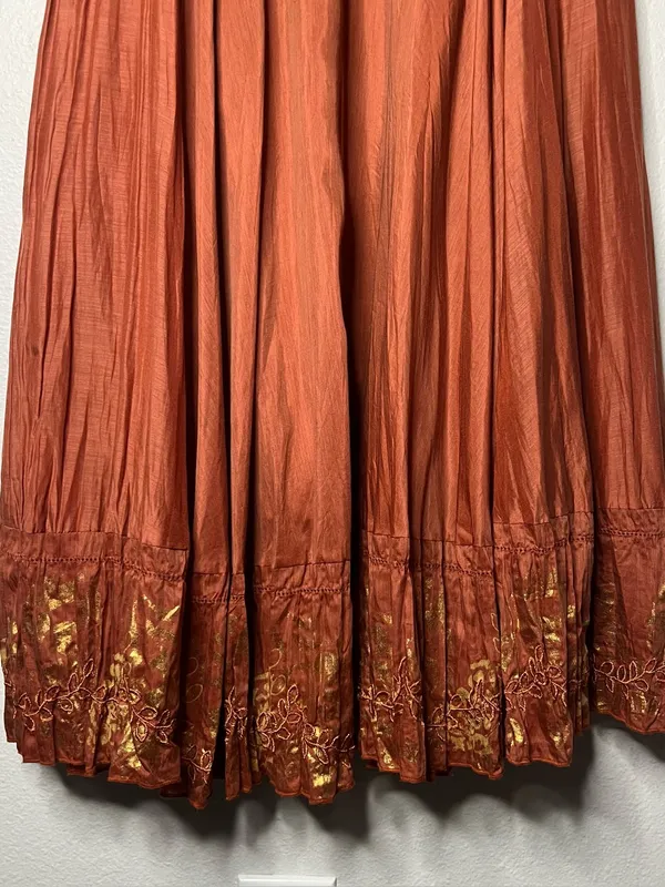 Vintage Burnt Orange Cotton Silk Embroidered Hem Gathered Boho Maxi Skirt - Image 4