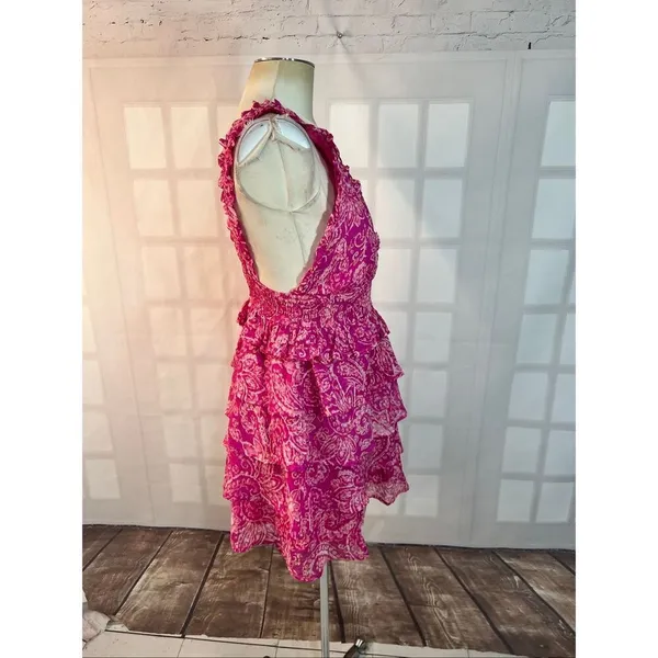 Fate Pink White Paisley V-Neck Chic Ruffle Tiered Sleeveless Mini Dress Small - Image 4
