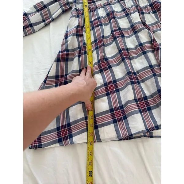 Zara White Red Blue Plaid V/Neck Fit& Flare Pleat Tunic Midi Dress Sz L - Image 6