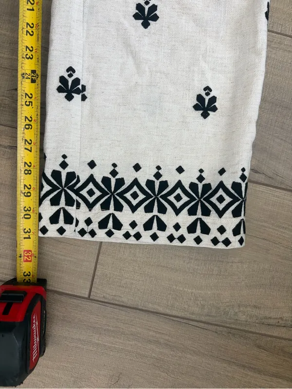 Zara Off White Black Linen Blend Geometric Boho French Countryside Casual Pants - Image 9