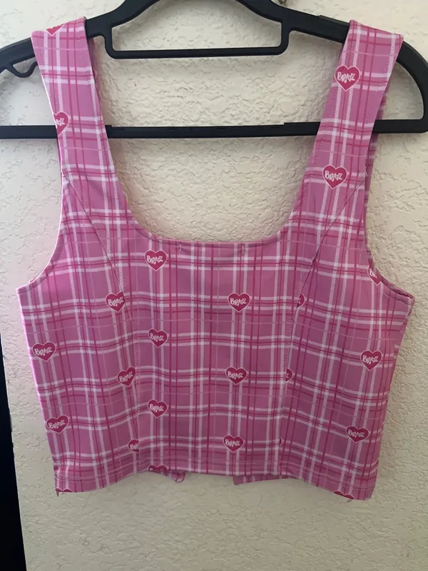 Dolls Kill Pink Plaid Lace-Up Crop Top with Bratz Heart Print - Image 2