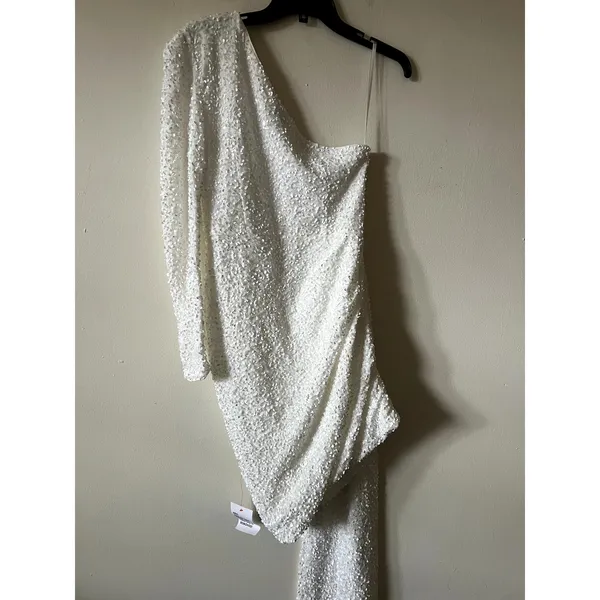 Asos Luxe one shoulder asymmetric draped mini dress in white sequin Size 8 New - Image 7