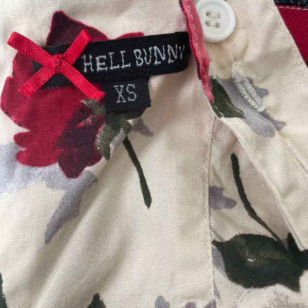 Hell Bunny Eloise‎ Mini Dress Rose Print Cream Bow Adjustable Straps Sz XS Retro - Image 4