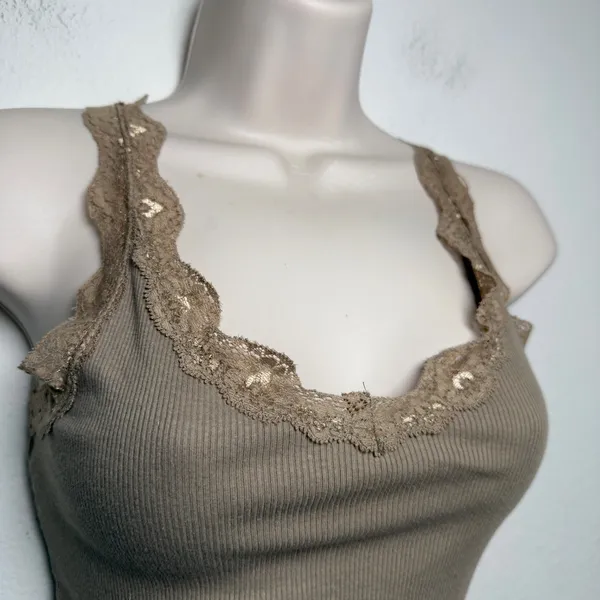 NEW Splash Women 100% Cotton Goblincore Cami Lace Top L Brown Ribbed Fairy‎ - Image 8
