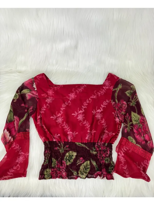 Passport Floral Smocked Elastic Waist Peasant Top Blouse Size L Burgundy - Image 11