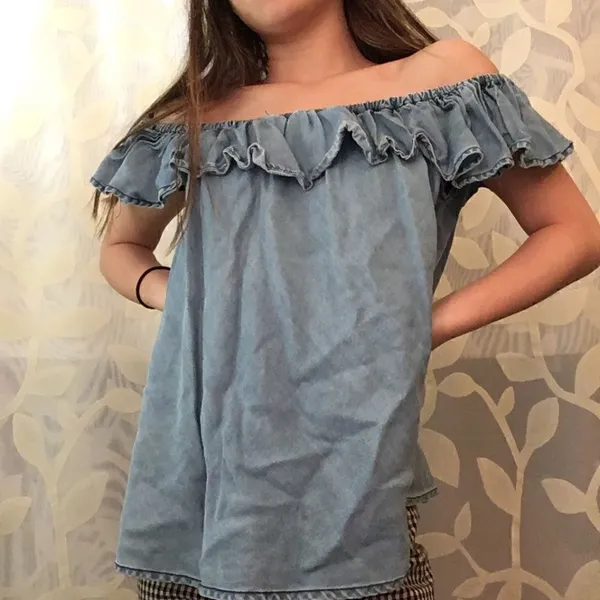 off the shoulder jean like top‎ Blue - Image 2