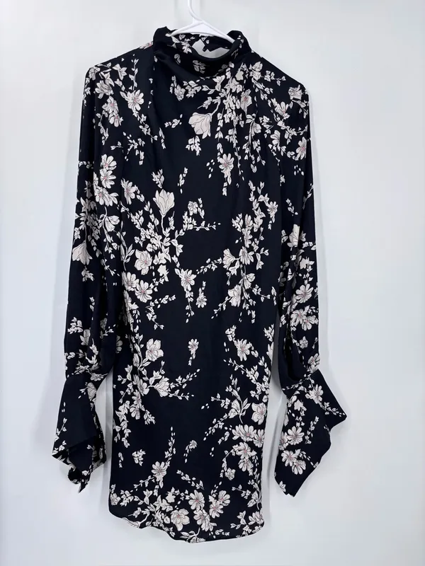 Free People Black Floral Open-Back Long-Sleeve Mini Dress - Image 4