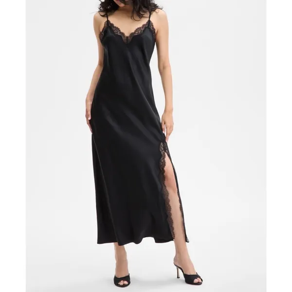 INC Black Silk Blend Lace Trim Slip Dress V-Neck Maxi Nightgown Slit Size XS NEW - Image 3