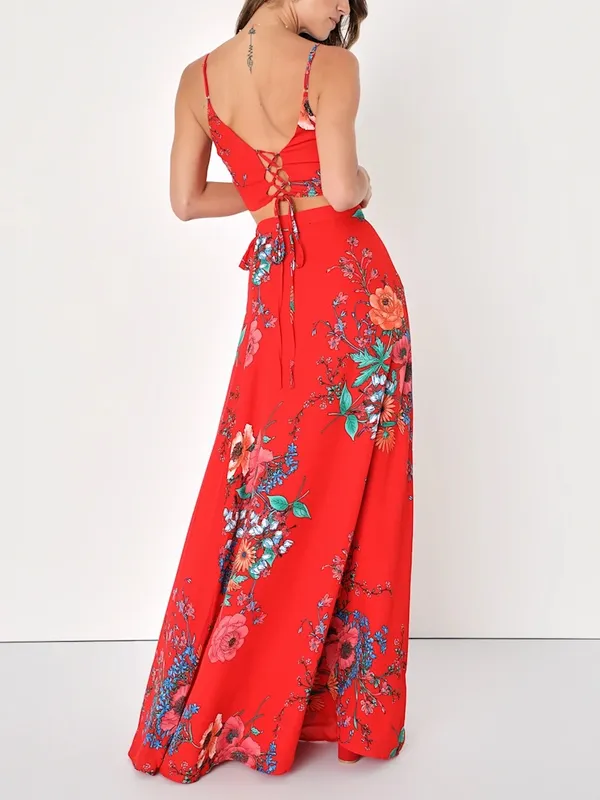 Lulus Bloom With a View Red Floral Print Wrap Tie Maxi Skirt - Image 2