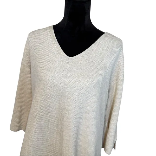 Chicos Beige V-Neck Pullover Sweater Size 2 (LG) Neutral Minimalist Boho Beach - Image 3