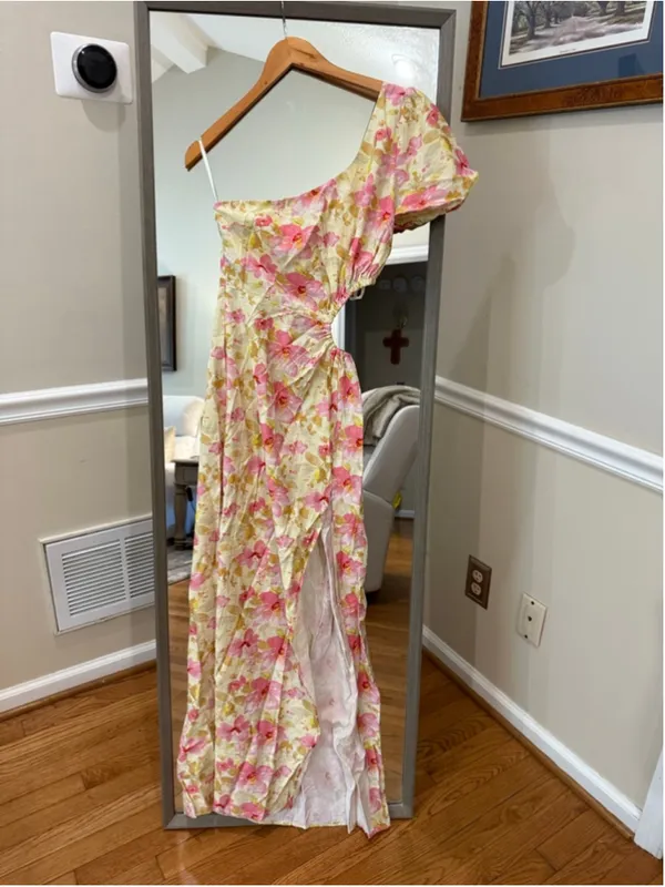 Women's Hello Molly One Shoulder Dress S Yellow Pink Floral - Image 2