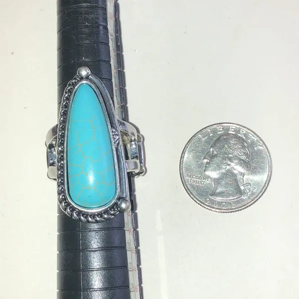 Turquoise Faux Stone Silver Tone Cocktail Ring - Blue Teardrop Statement - Image 4