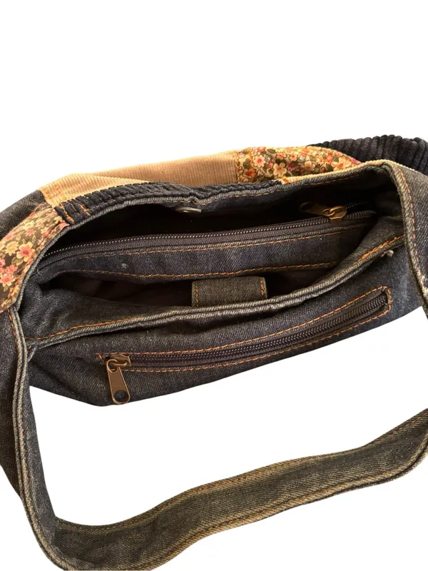 Denim Blues Boho Denim Patchwork Purse/Bag/Corduroy Floral Zip Top 12X7 Hobo - Image 5