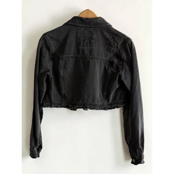 Forever 21 Womens Distressed Cropped Denim Jacket Washed Black Small Frayed‎ Hem - Image 2