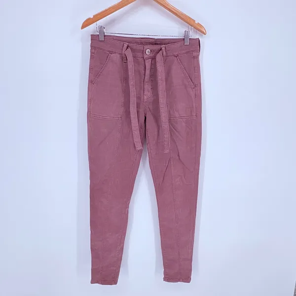 American Eagle Super Stretch Utility Pants Womens 10 Pink Tie Waist Cargo Slim - Image 3