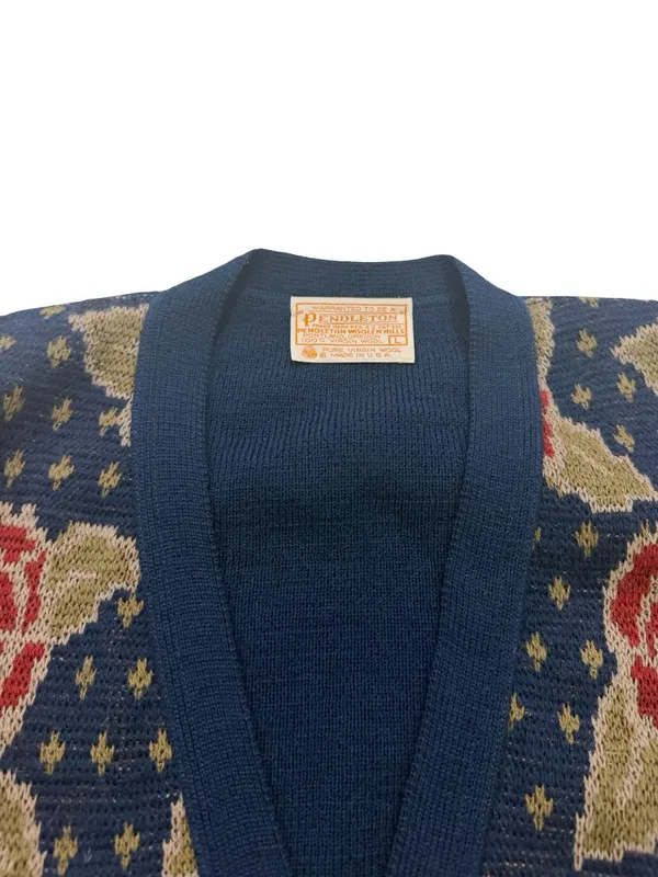 Pendleton Navy Floral Rose Print Cardigan Sweater Wool Knit Button Large Women's - Image 2