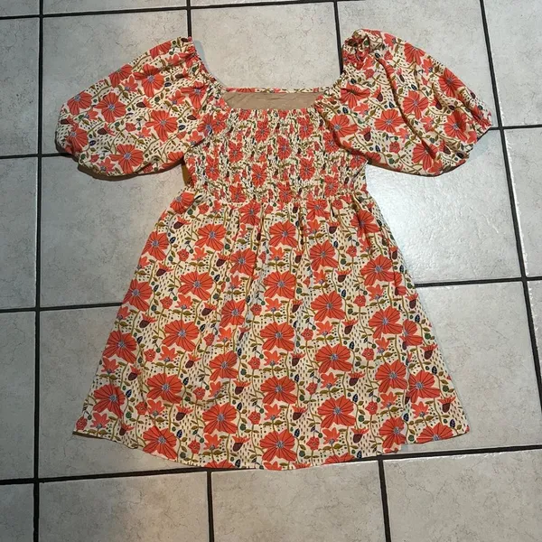 Kori Knee-Length Orange Multicolor Floral Puff Sleeve Dress Sz‎ M - Image 5