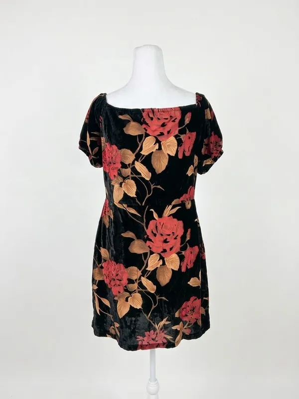 Moon River Velvet Floral Dress L Whimsigoth Rose Off Shoulder Jacquard Mini - Image 3