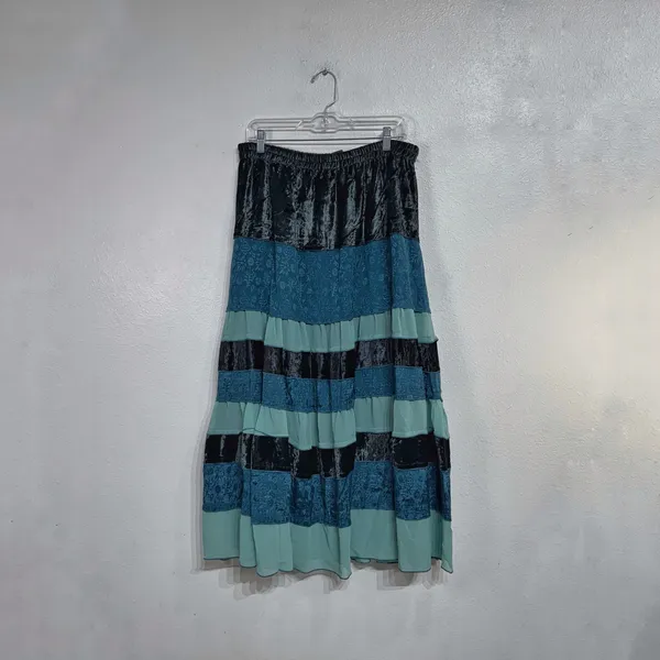 Agapo Teal Tiered Velvet Jacquard Boho Midi Skirt Sz L - Image 2