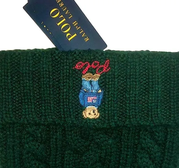 RALPH LAUREN Green Cable Knit Hat w/ Bear Wearing American Flag Sweater O/S NWT - Image 2