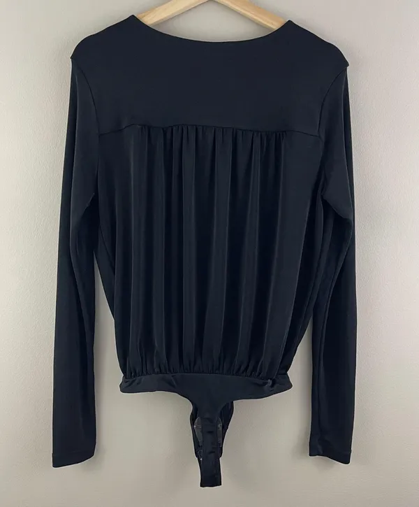 Free People Black Plunging V Neck Faux Wrap Long Sleeve Turnt Bodysuit NEW - Image 8