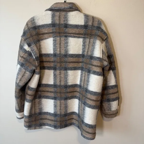 Zara Women Wool Blend Shacket S White Tan Gray Plaid Oversized Shirt Jacket - Image 8