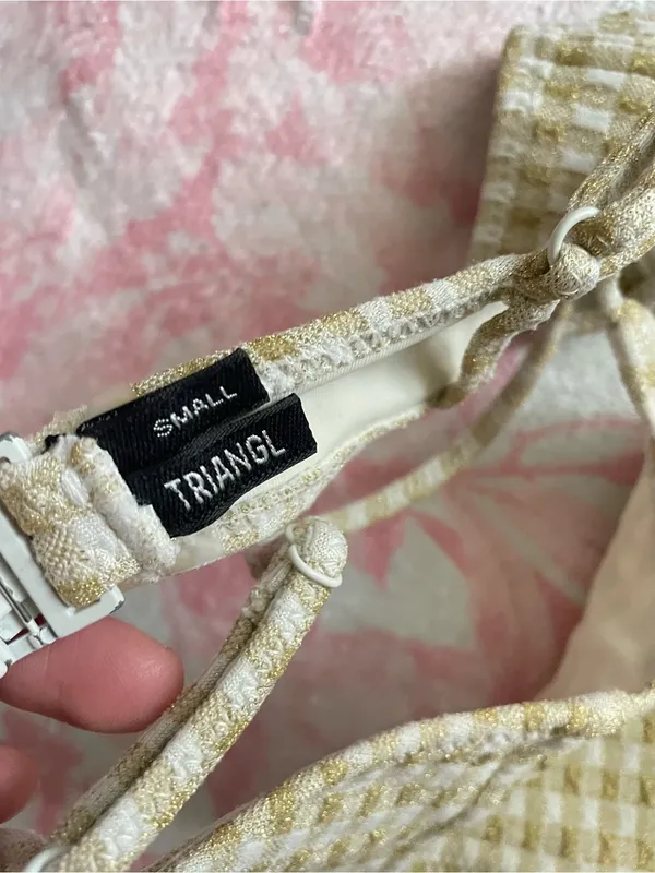 Triangl Mica Tan Cream Gingham Gold Metallic Sparkle Bikini Top Size Small - Image 3