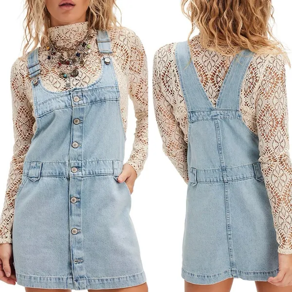 We The Free People‎ Edie Denim Skirtall Sz Large Skirt Overalls Boho Western - Image 10