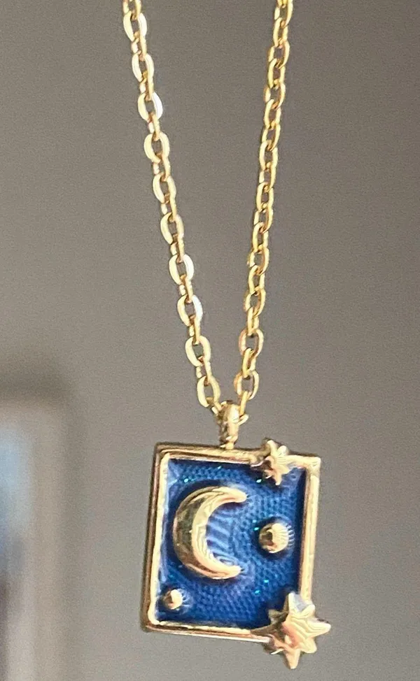 Handmade gold stainless steel blue celestial whimsical chic moon necklace⭐️ - Image 6