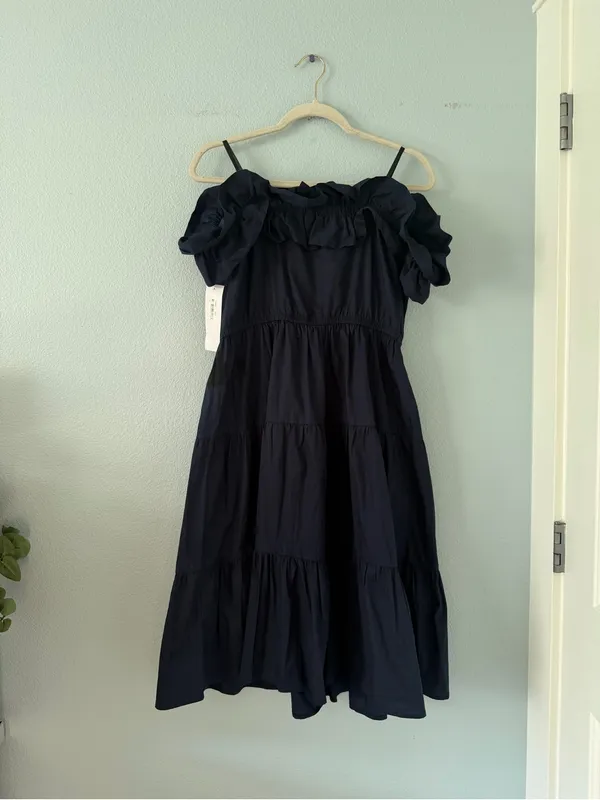 London Times Navy Off-Shoulder Tiered Midi Dress - Image 3