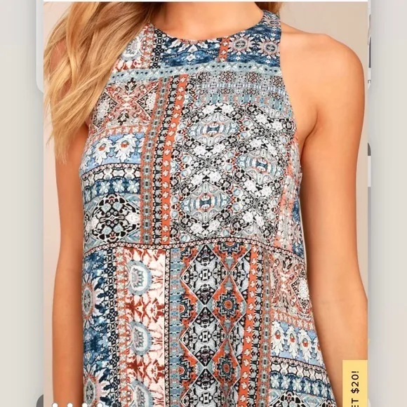 Lulus Design‎ Major Grey Blue Floral Boho Print Sleeveless Swing Dress LARGE - Image 3