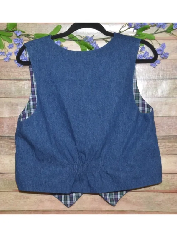 VTG Handmade Unisex S/M Blue Denim Jean Vest Plaid Reversible Country Cottage - Image 11