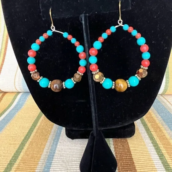 Chunky Turquoise Orange Beaded Rustic Necklace and Earrings Bohemian Jewelry Set - Image 5
