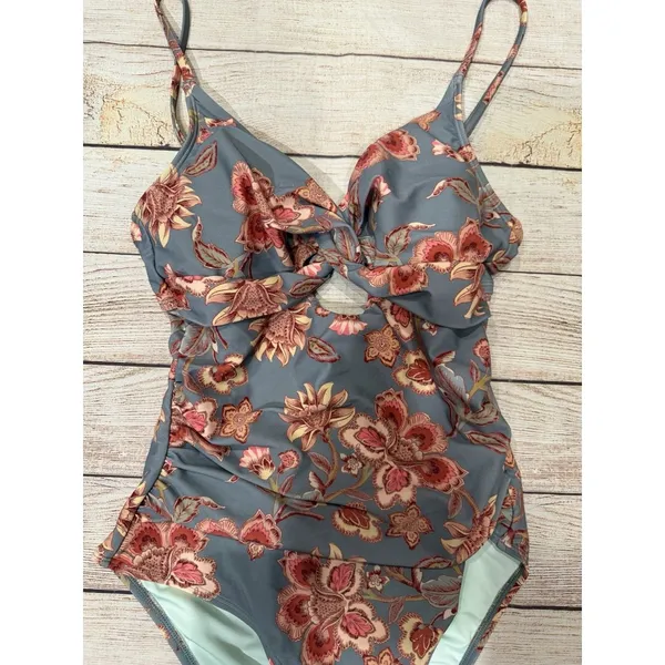 Cupshe Teal Floral One-Piece Swimsuit with Pink Flowers Size Small - Image 3