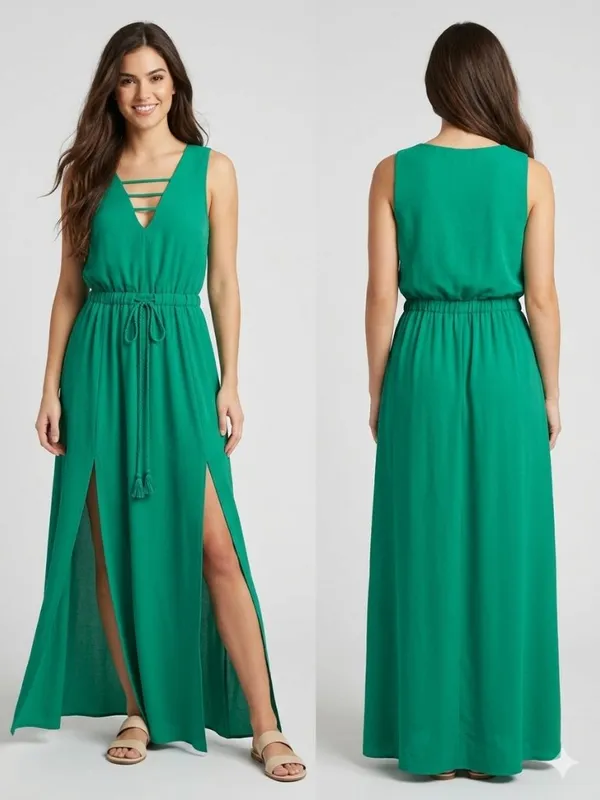 JACK by BB Dakota Emerald Green Maxi Dress M Strappy Slit front - Image 2