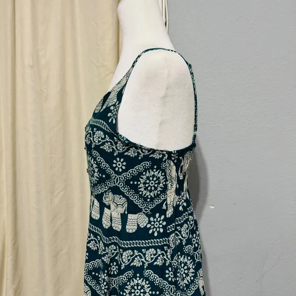 Boho Elephant Print Sundress Dress Size‎ S Teal Cream Smocked Back Mini Thailand - Image 4