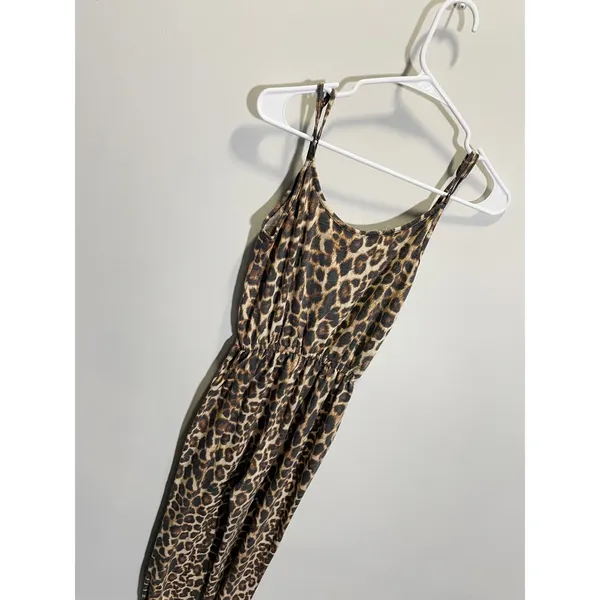 Socialite Leopard Print‎ Jumpsuit XS Brown Animal Print Spaghetti Strap Knit - Image 5