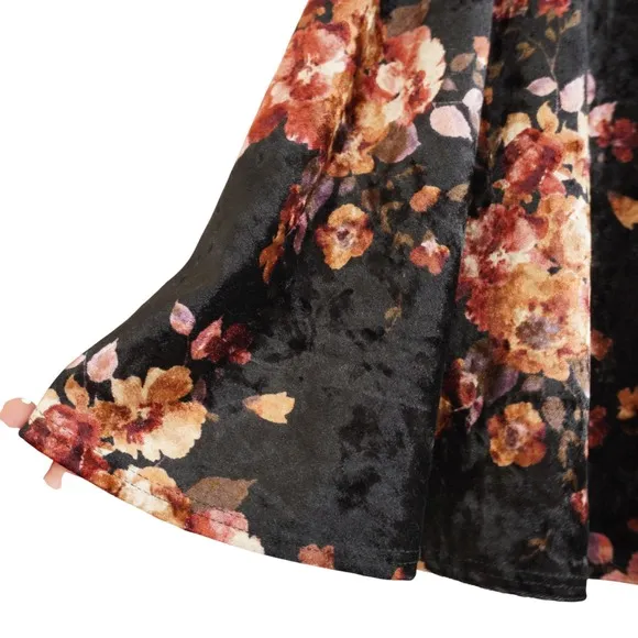 90s Grunge Say Anything‎ Floral Crushed Velvet Skater Mini Skirt XL Black Orange - Image 3