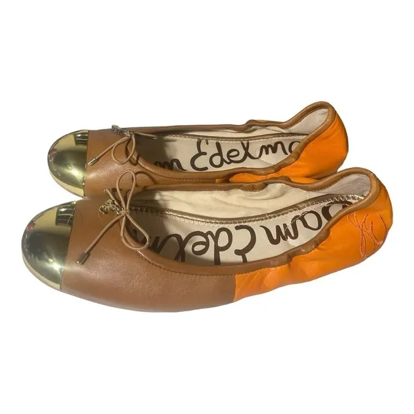 Sam Edelman Fairleigh Ballet Flats Orange Brown Gold Cap Toe Leather 9M - Image 3